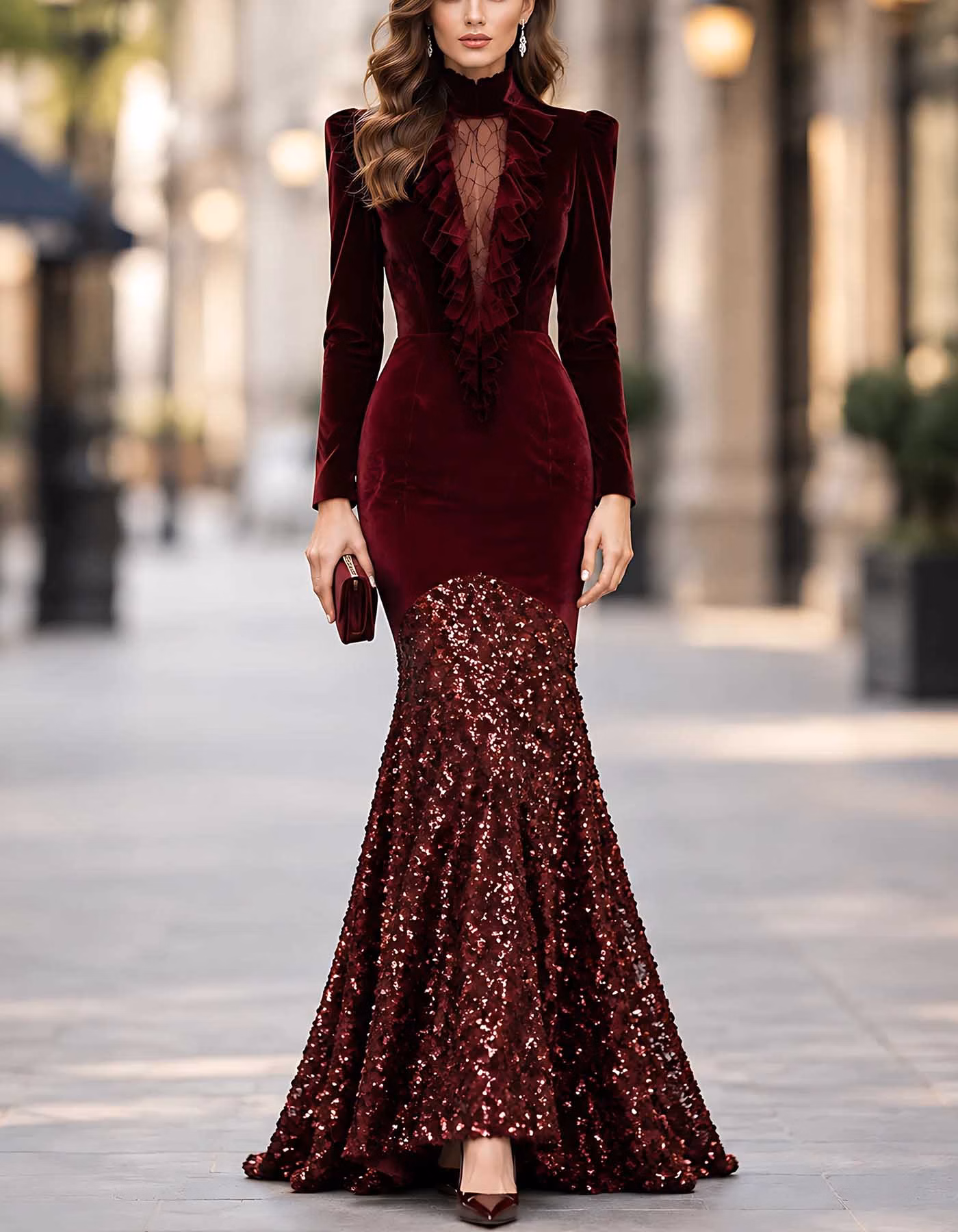 Burgundy Ruffle Mesh Panel Velvet Long Sleeve Sequin Maxi Dress