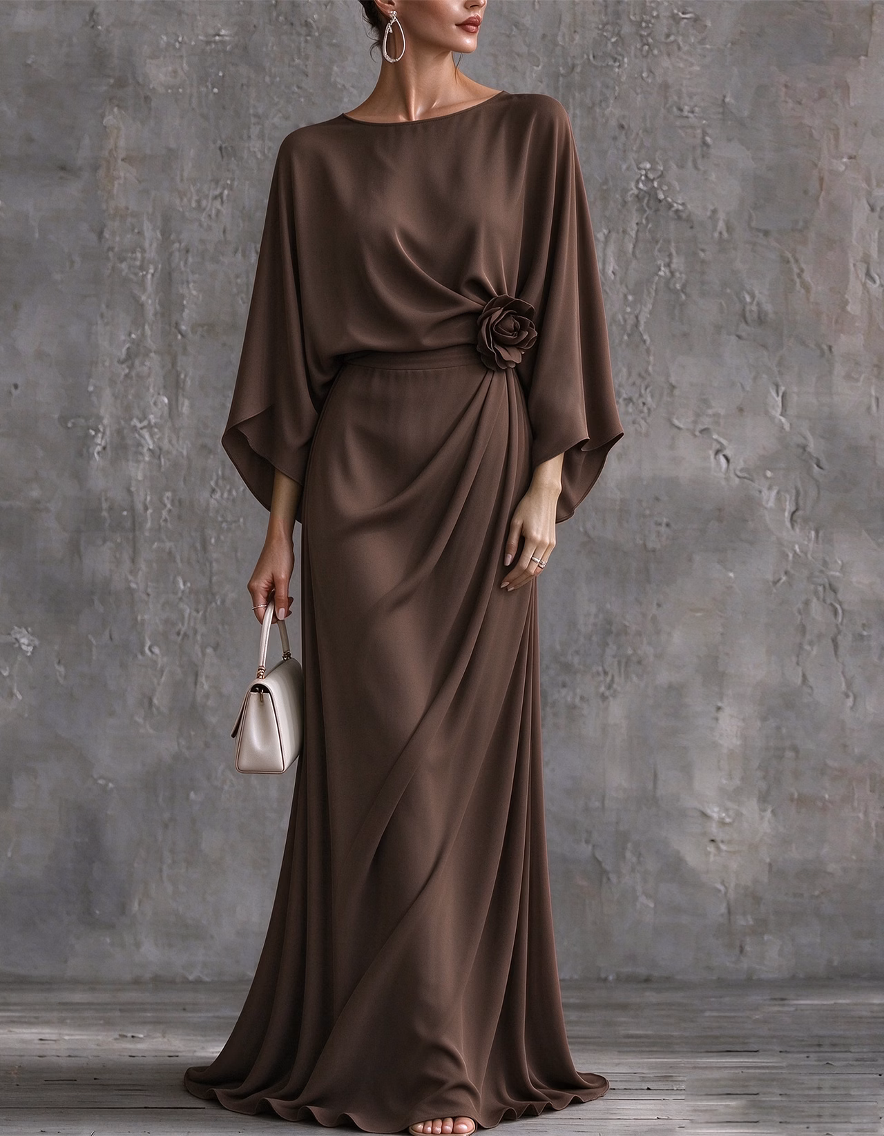 Solid Color Boat Neck Batwing Sleeves Maxi Dress