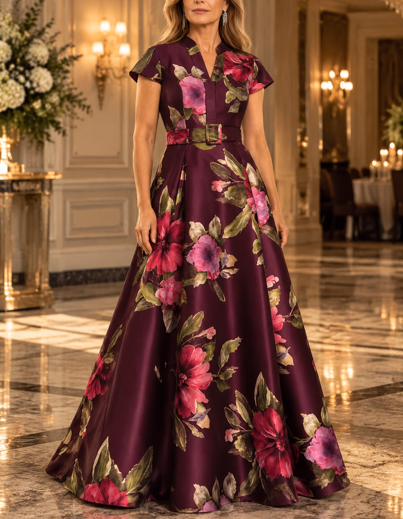 Plum Watercolor Floral Satin Maxi Dress