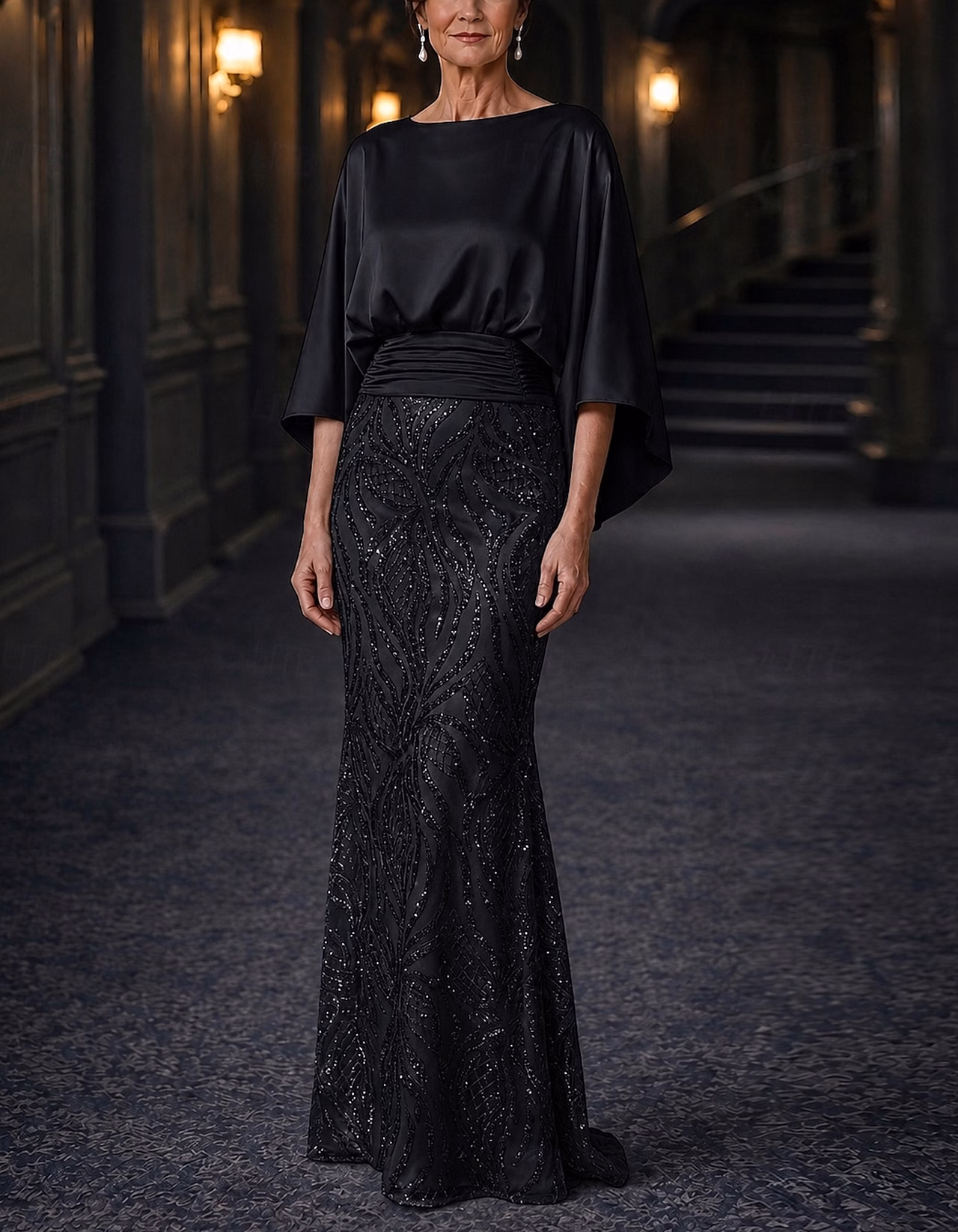 Solid Color Colored Round Neck Sequined Piece Maxi Dress