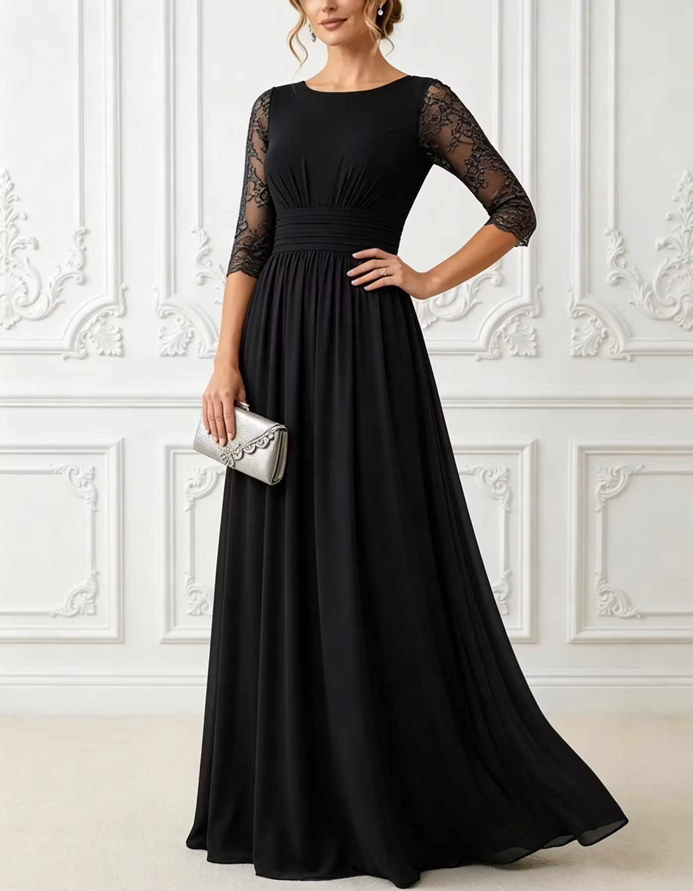 Chiffon Round Neck Sheer Lace 3/4 Sleeve Maxi Dress