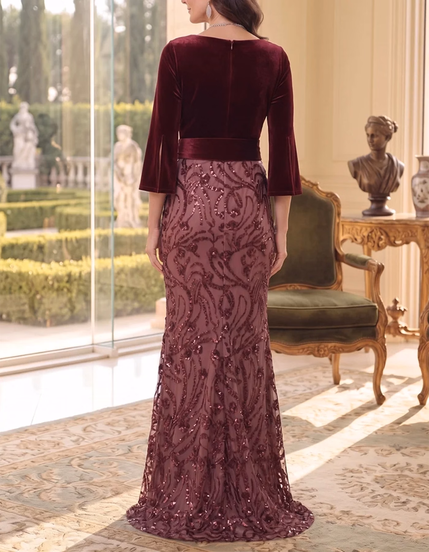 Burgundy Three-Quarter Sleeve Velvet & Sequin LaceMaxi Dress