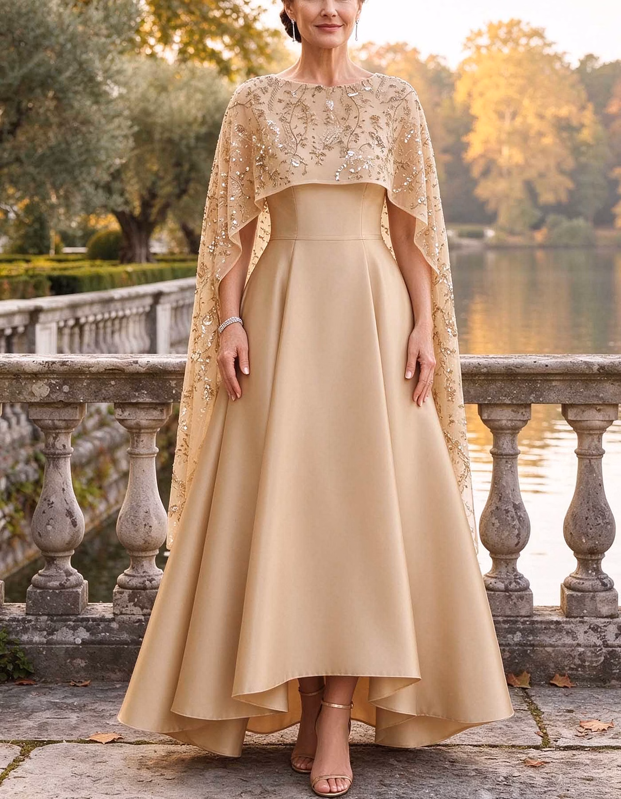 Champagne Satin Sequin Capelet Maxi Dress