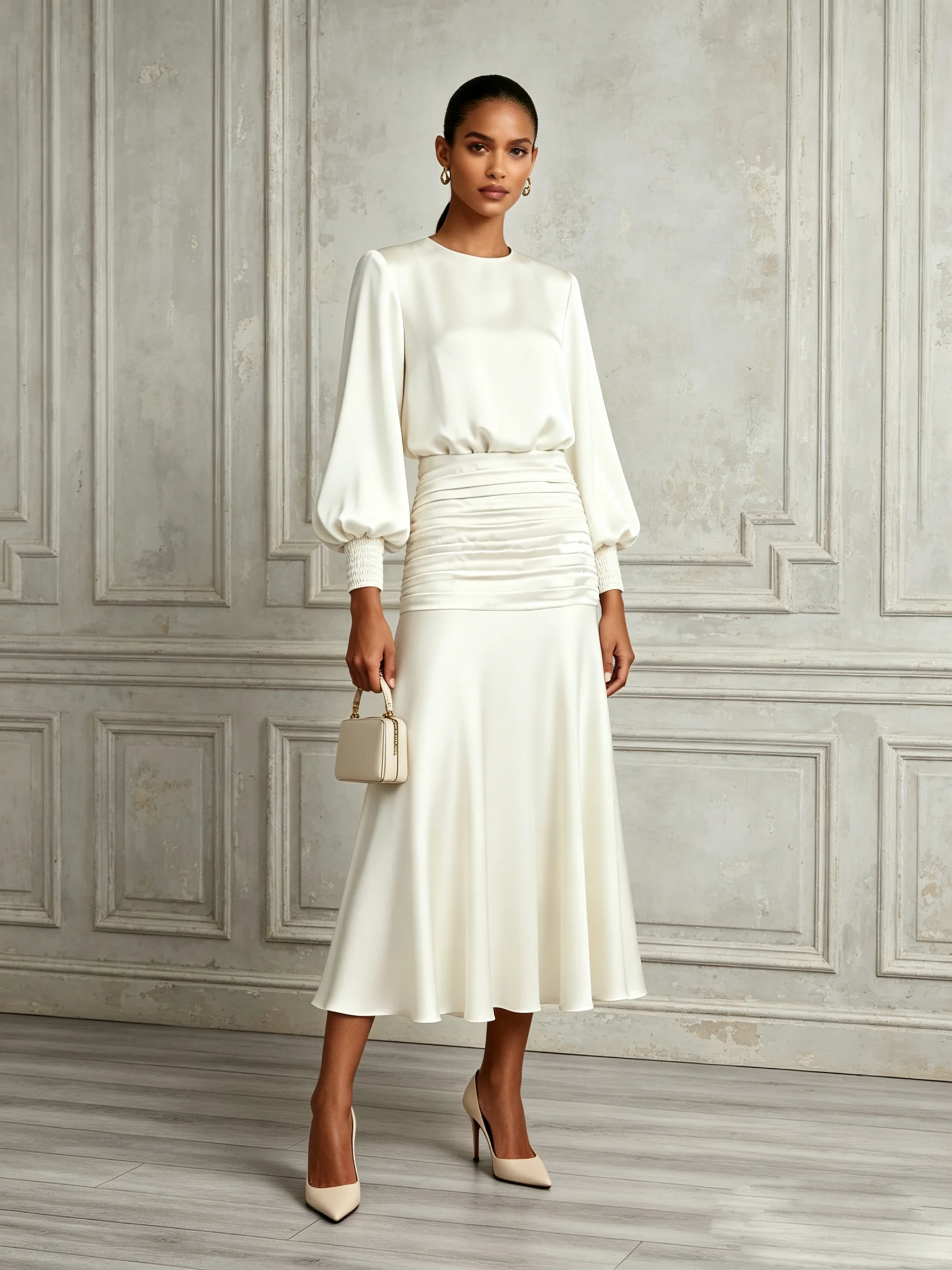 White Ruched Classic Crew Neck Long Sleeve Balloon Sleeve A-Line Maxi Dress