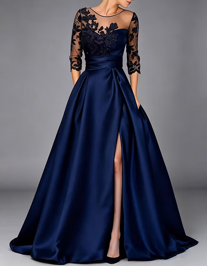 Navy Blue Illusion Neck 3/4 Lace Sleeve Satin A‑Line Maxi Dress