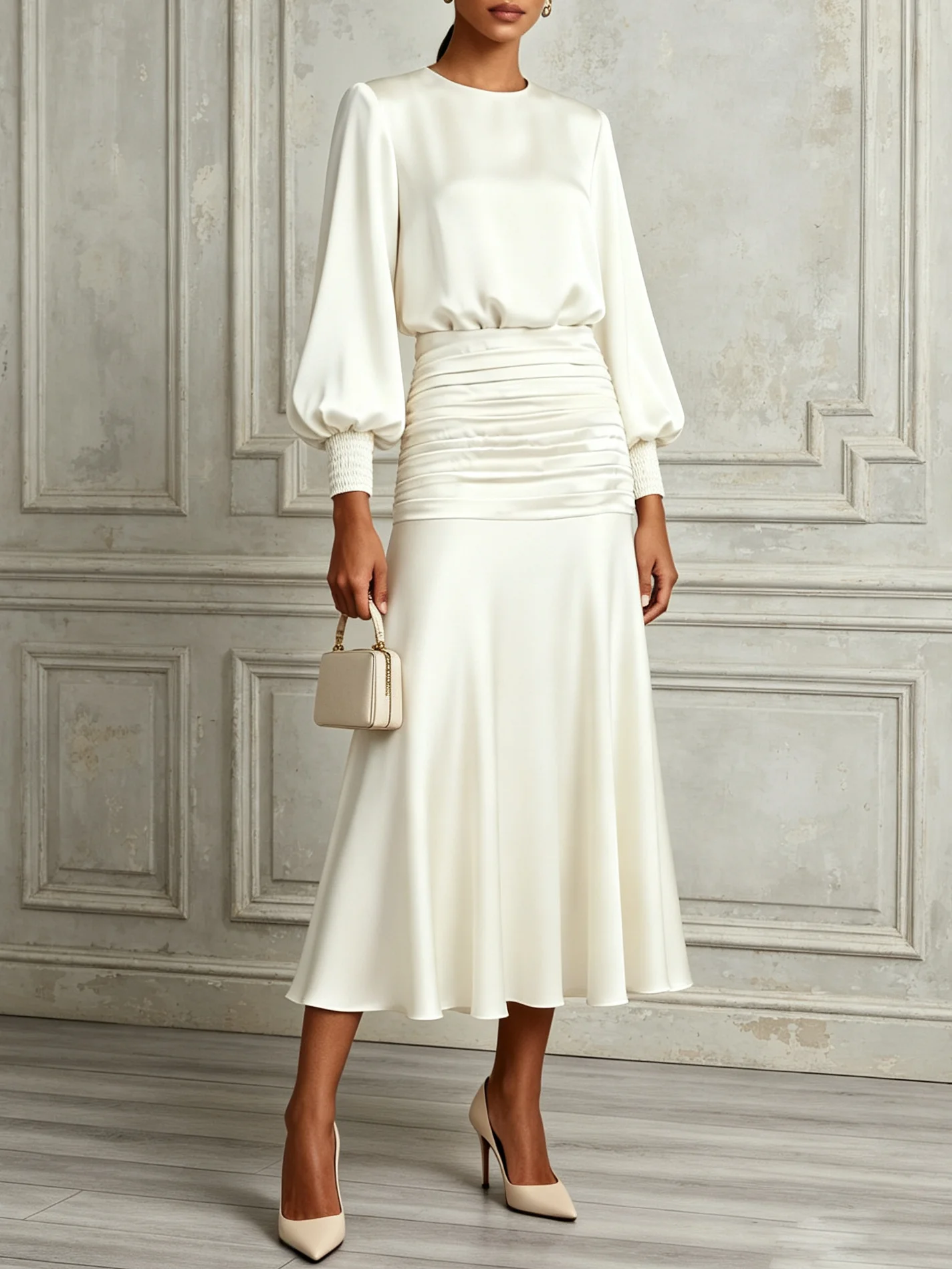 White Ruched Classic Crew Neck Long Sleeve Balloon Sleeve A-Line Maxi Dress