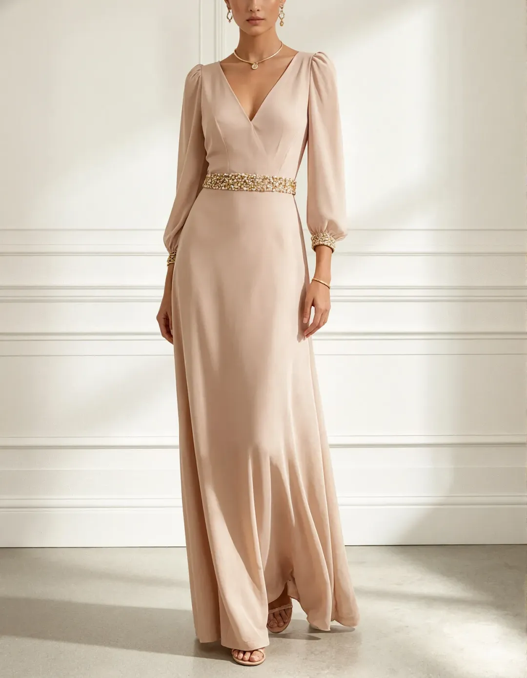 Nude Chiffon Long Sleeved V-Neck Maxi Dress
