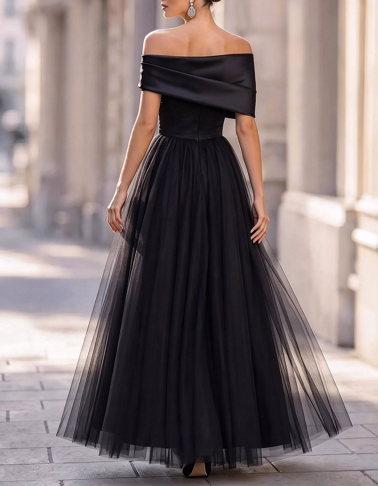 Off The Shoulder Satin Tiered Tulle A-Line Formal Maxi Dress