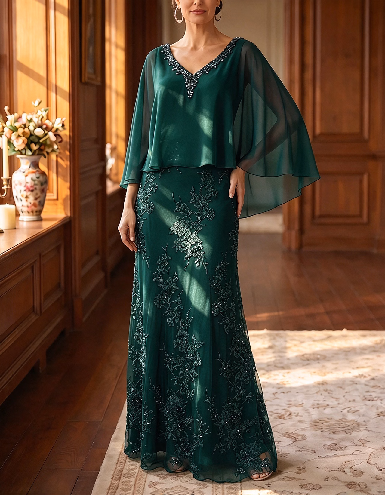 Navy Beaded V-Neck Chiffon Capelet Sleeve Lace Maxi Dress