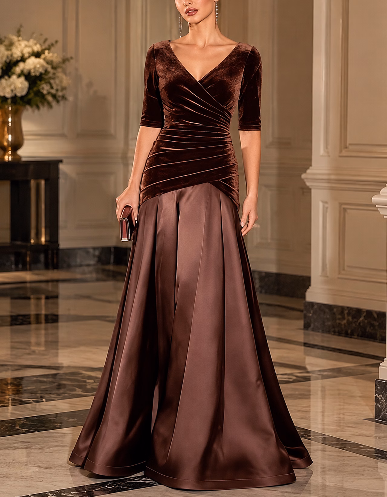 Velvet Satin Mix V-Neck Maxi Dress