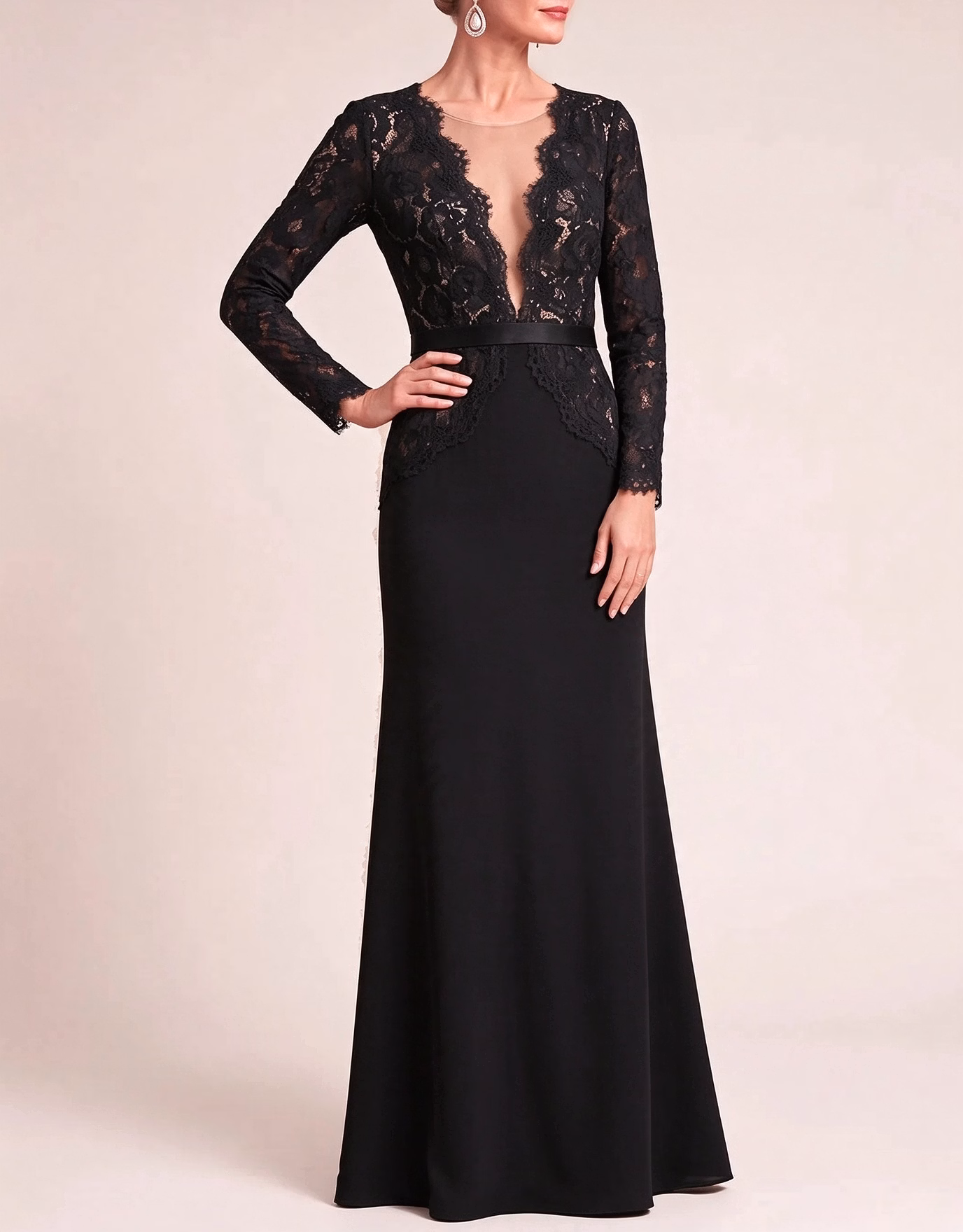 Deep V Neck Long Sleeve Lace Chiffon Mermaid Evening Maxi Dress