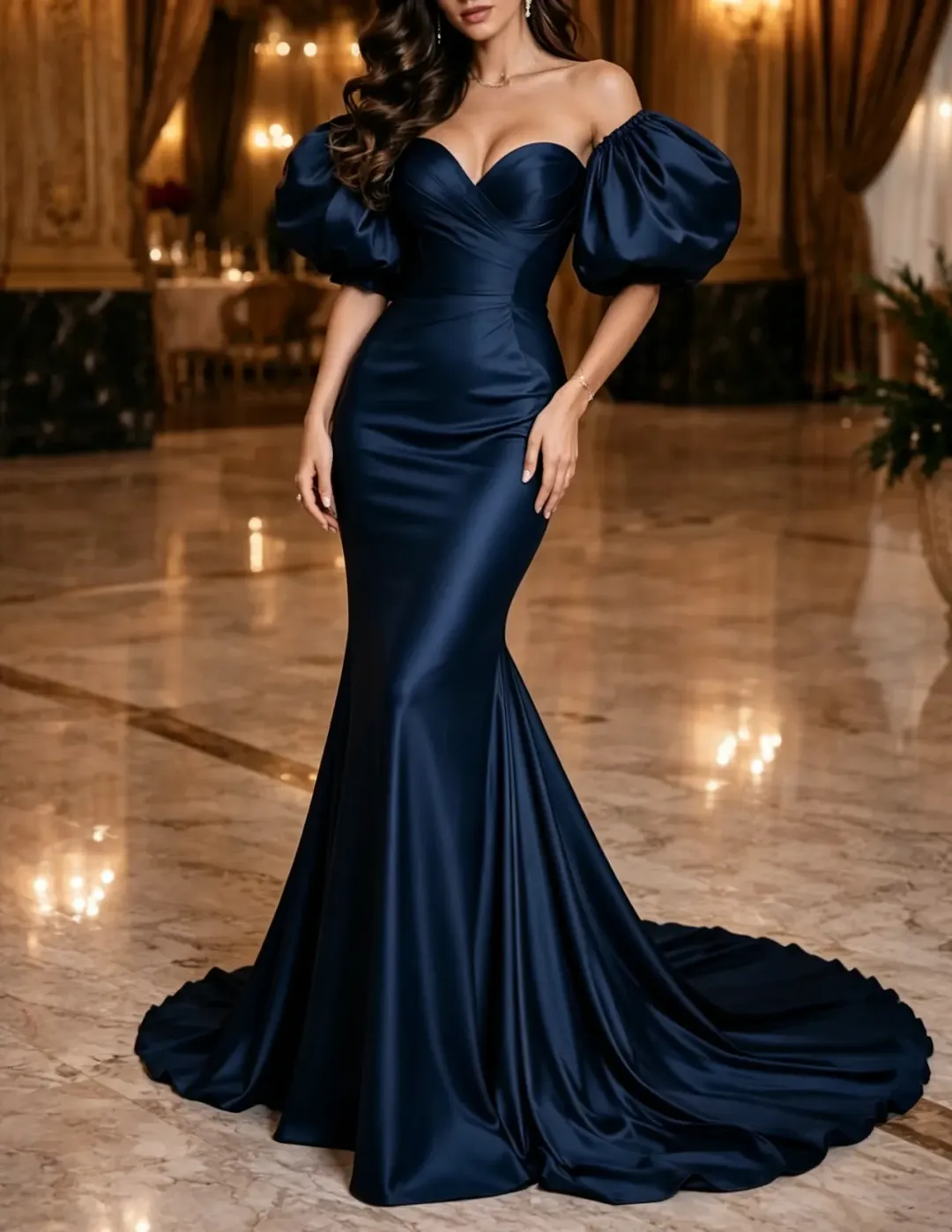 Off The Shoulder Satin Sweetheart Puff Short Sleeve Mermaid Evening Maxi Dress