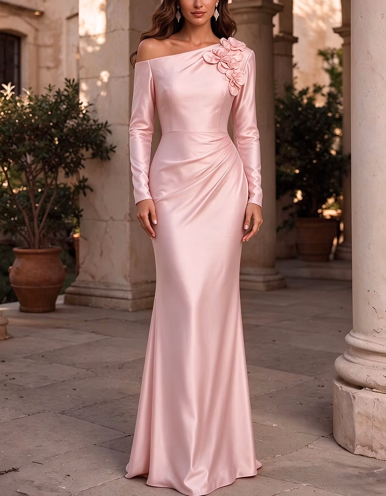 Satin Off Shoulder Long Sleeve 3D Floral Side Ruched Maxi Dress