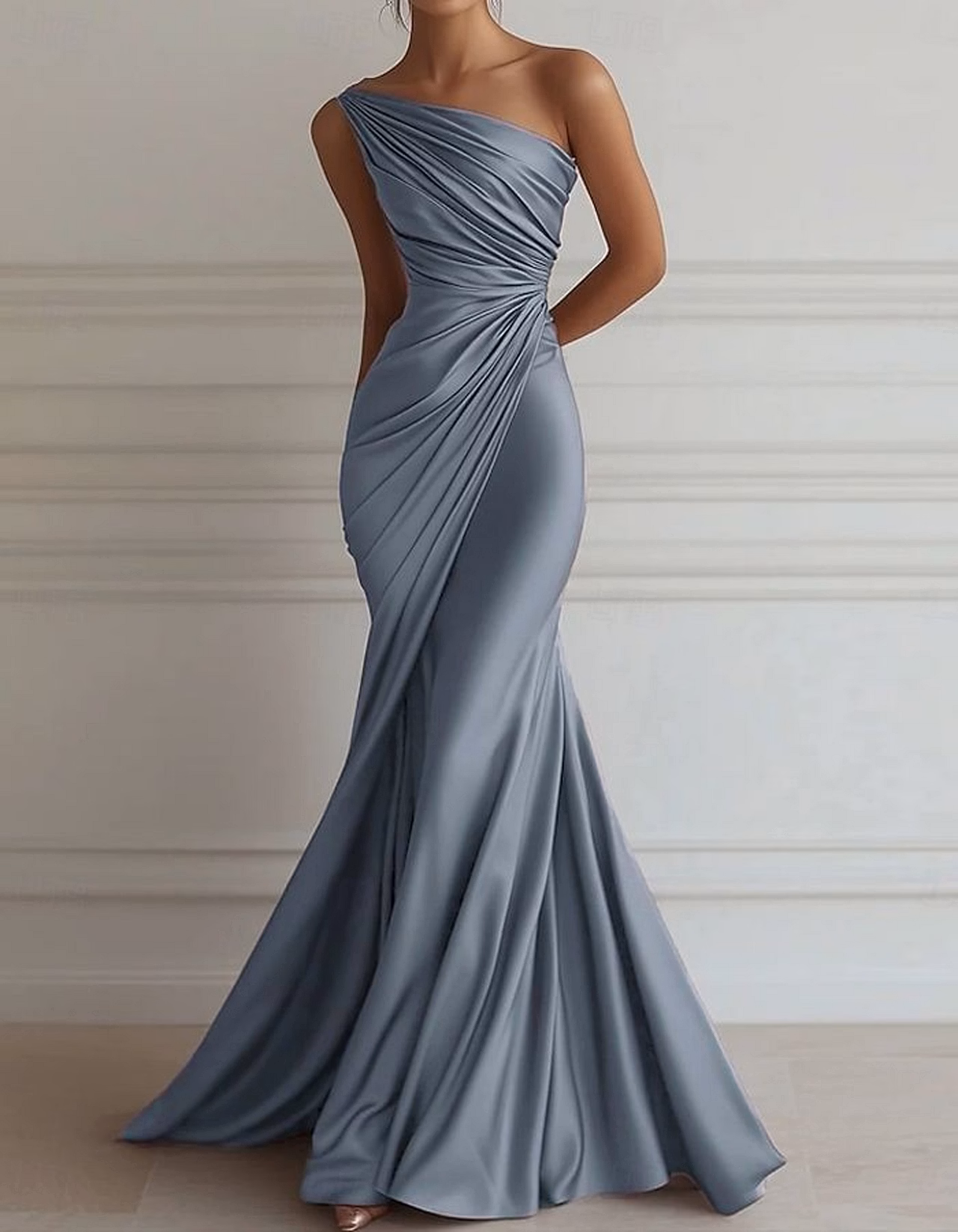 One-shoulder Stretch Satin Pleats Maxi Dress