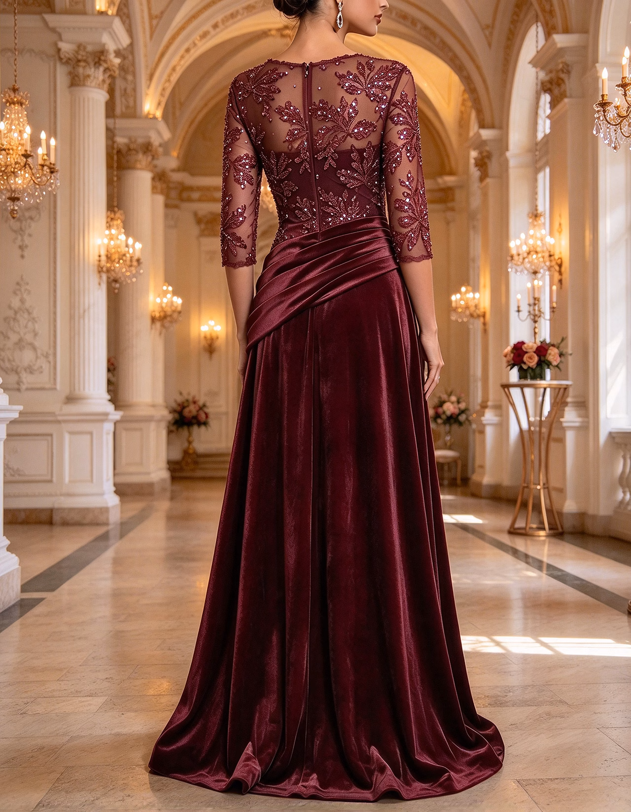 Burgundy Illusion Sequin Lace & Velvet Maxi Dress