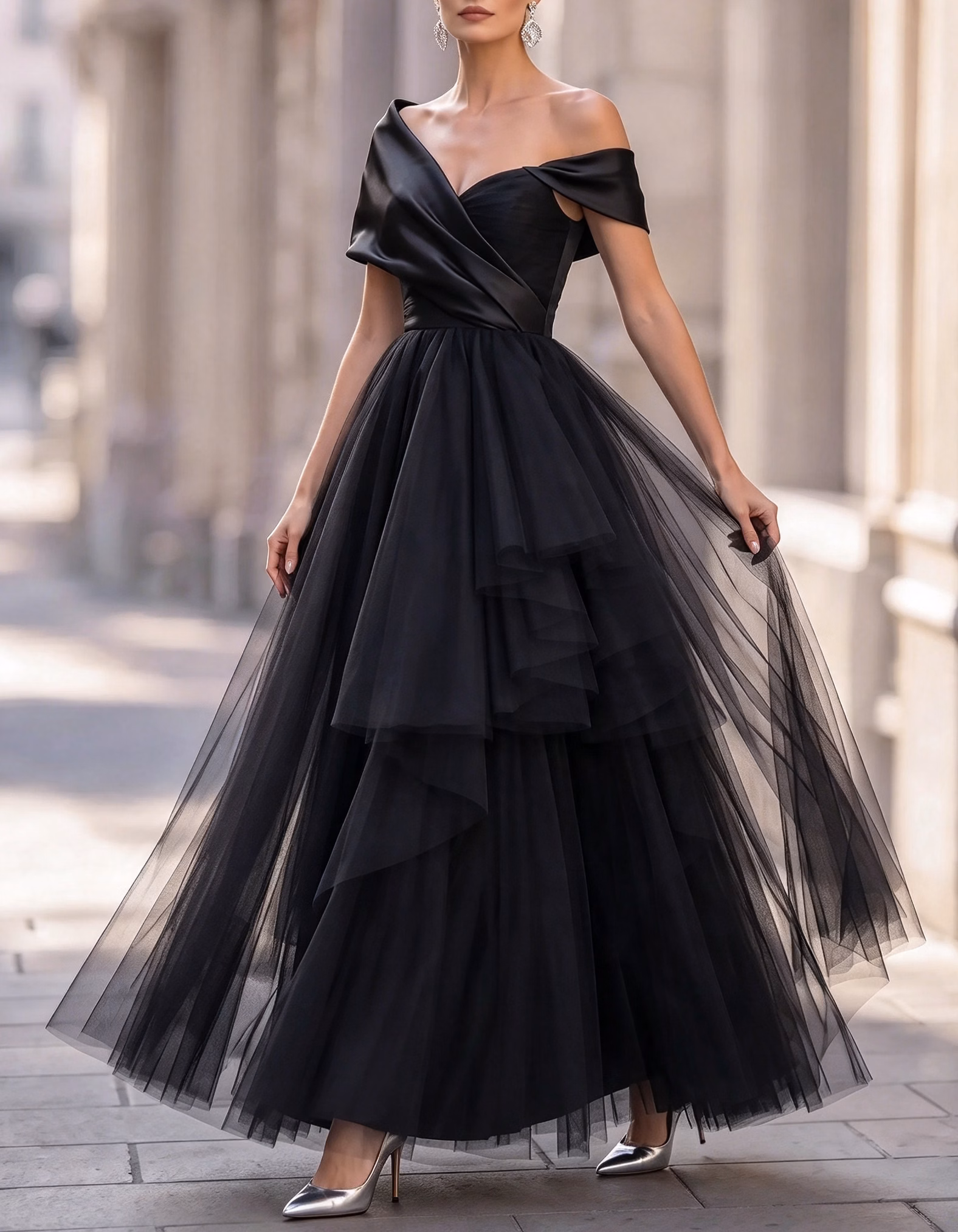 Off The Shoulder Satin Tiered Tulle A-Line Formal Maxi Dress