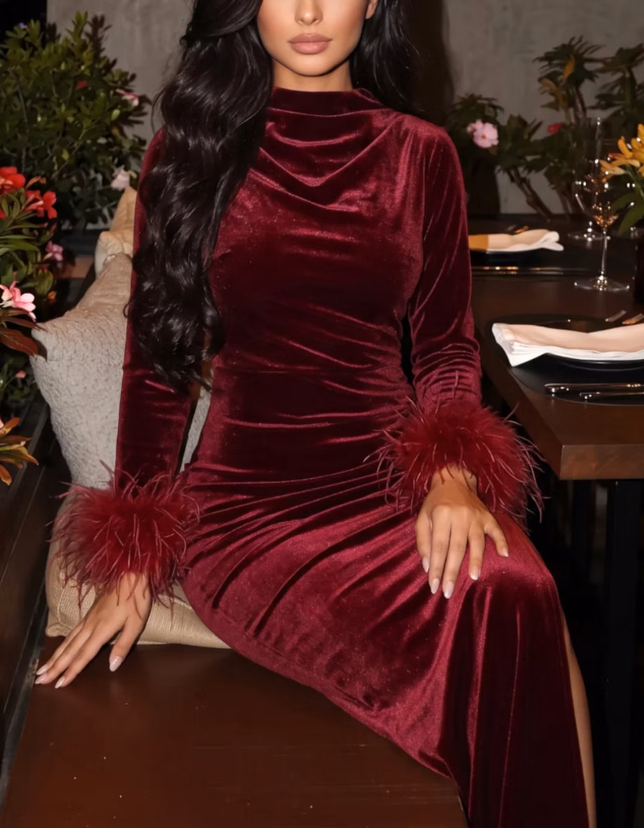 Burgundy Velvet Crew Neck With Feather Cuffs Maxi Dress