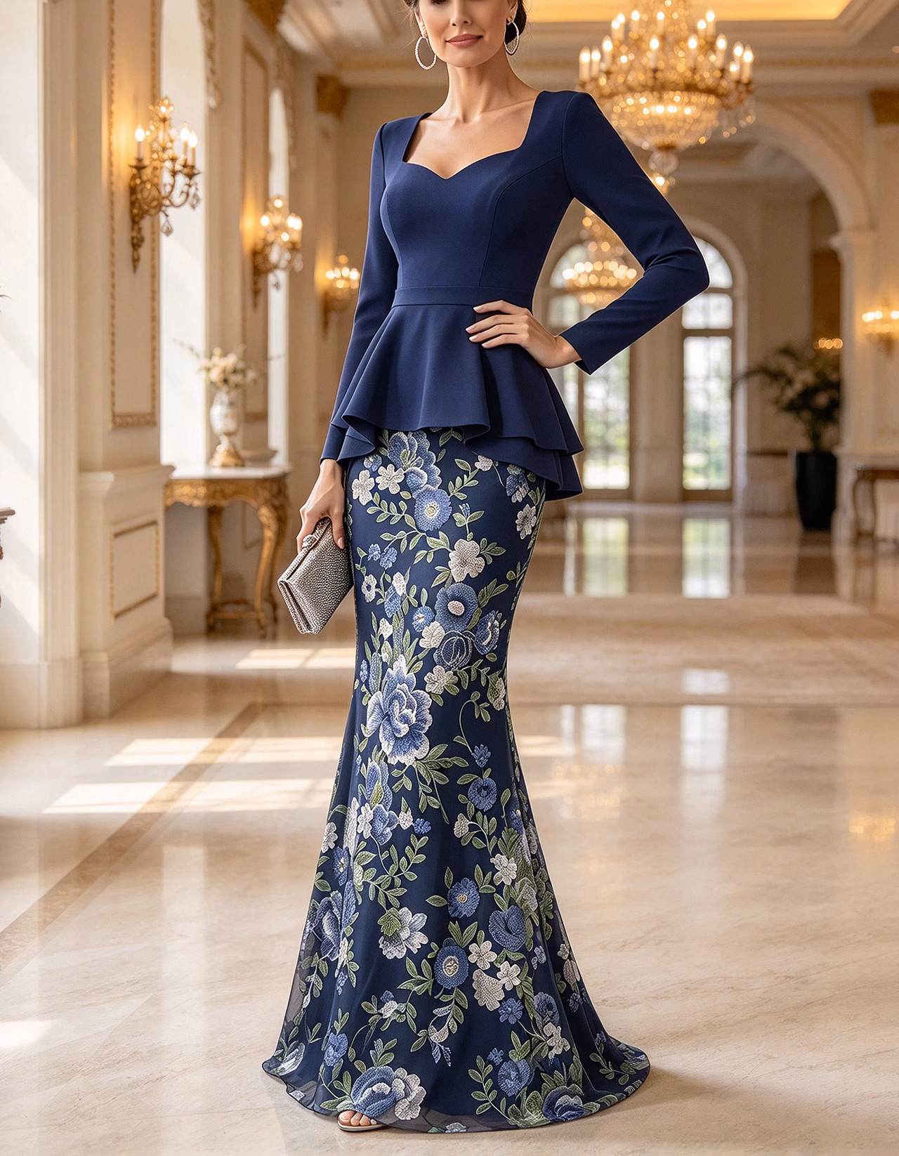 Navy Peplum Floral Embroidery Tulle Mermaid Maxi Dress