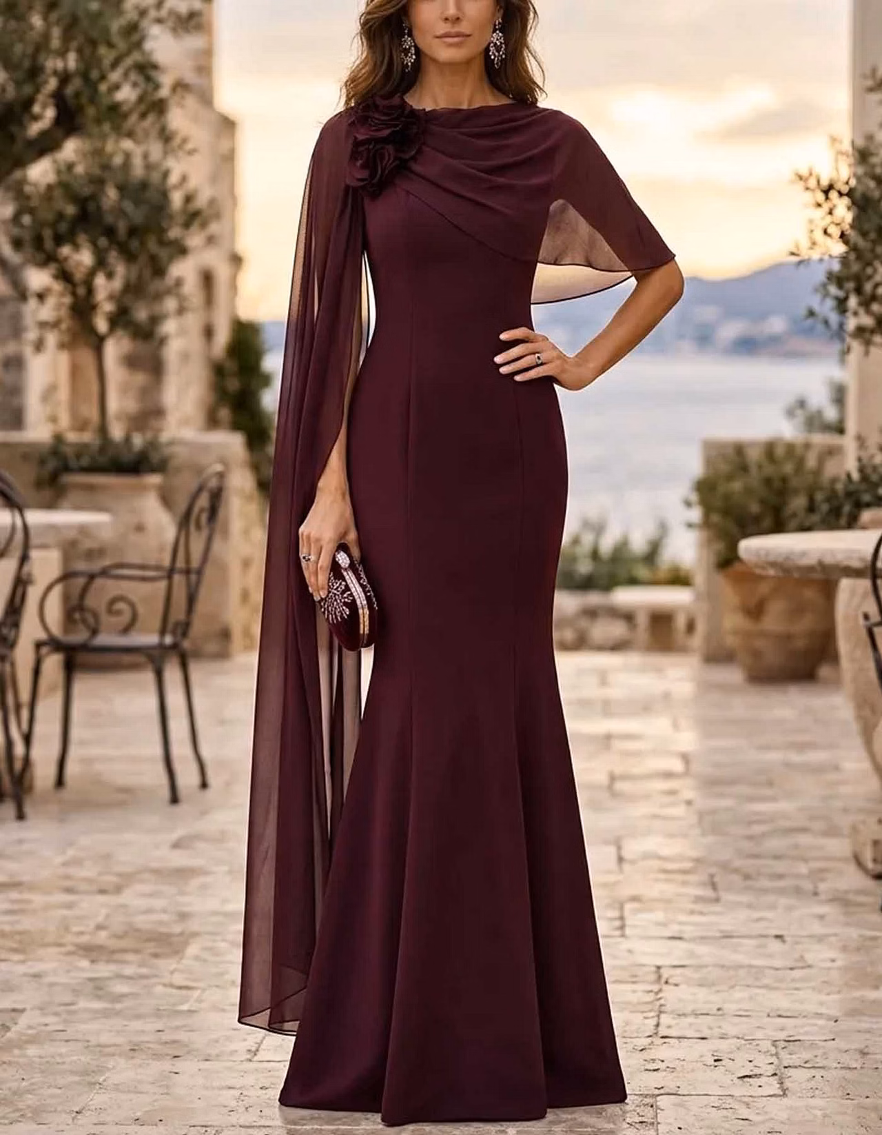 Chiffon Cape Sleeve 3D Flower Maxi Dress
