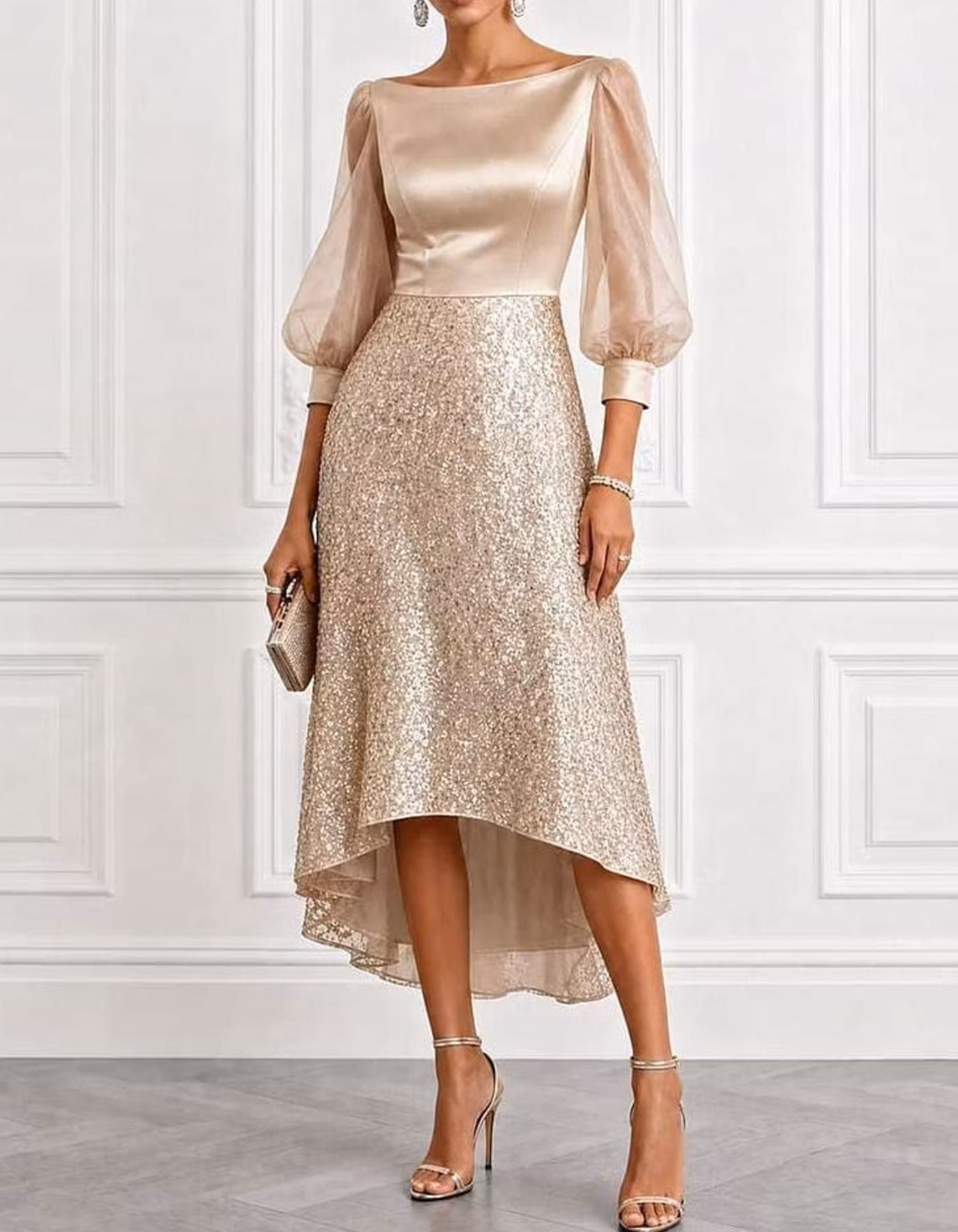 Champagne Boat Neck Sheer Puff Sleeve Sequin High Low Midi Dress