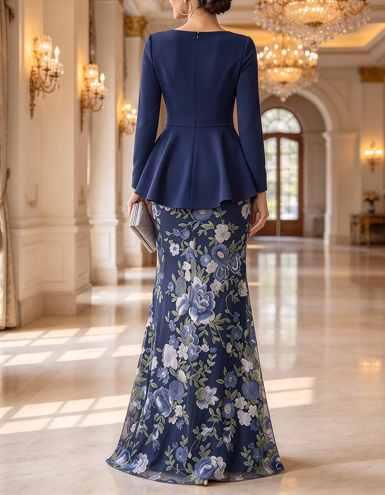 Navy Peplum Floral Embroidery Tulle Mermaid Maxi Dress