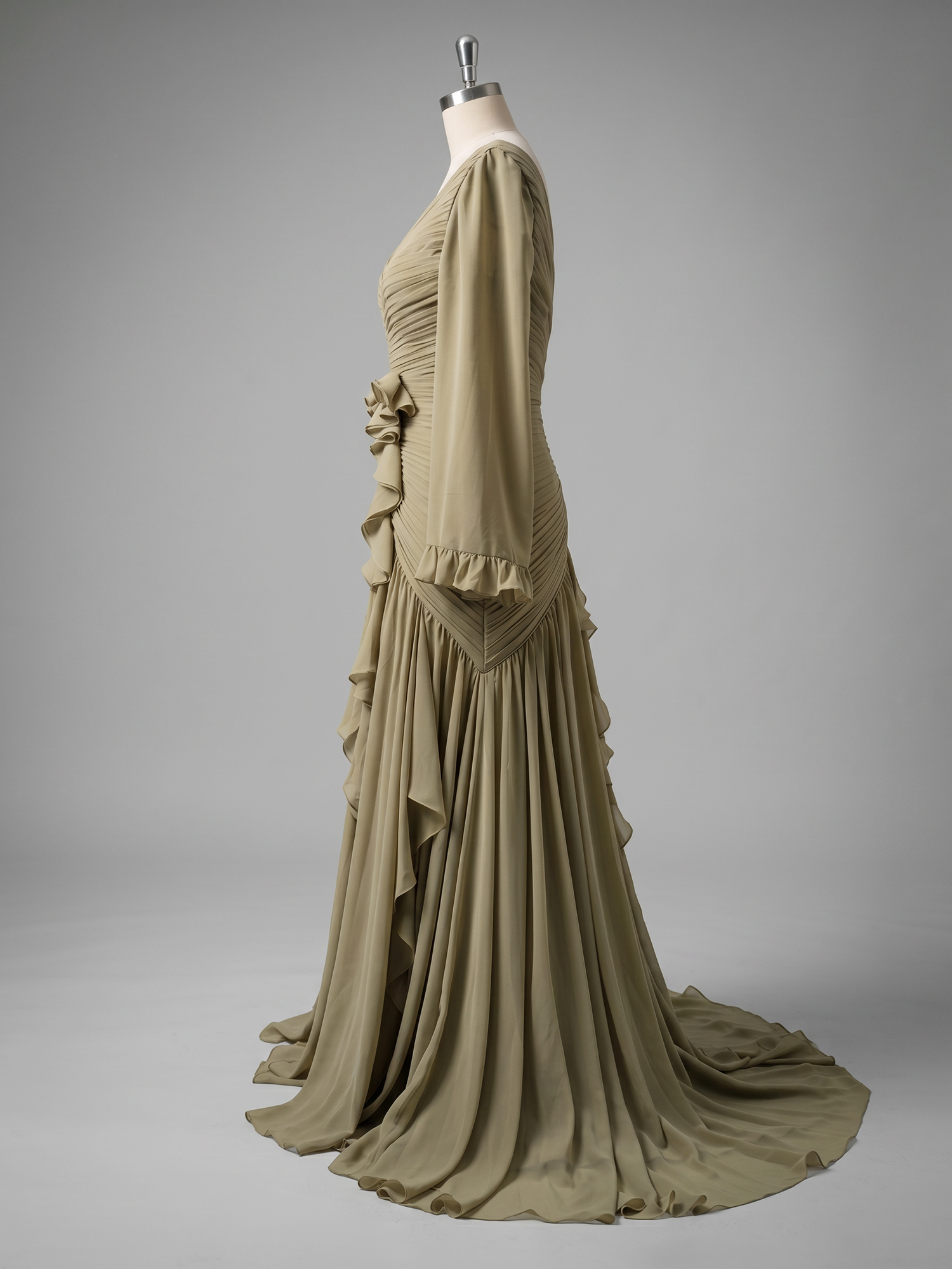 Sophisticated Ruched Chiffon V-Neck Gown with Cascading Ruffles