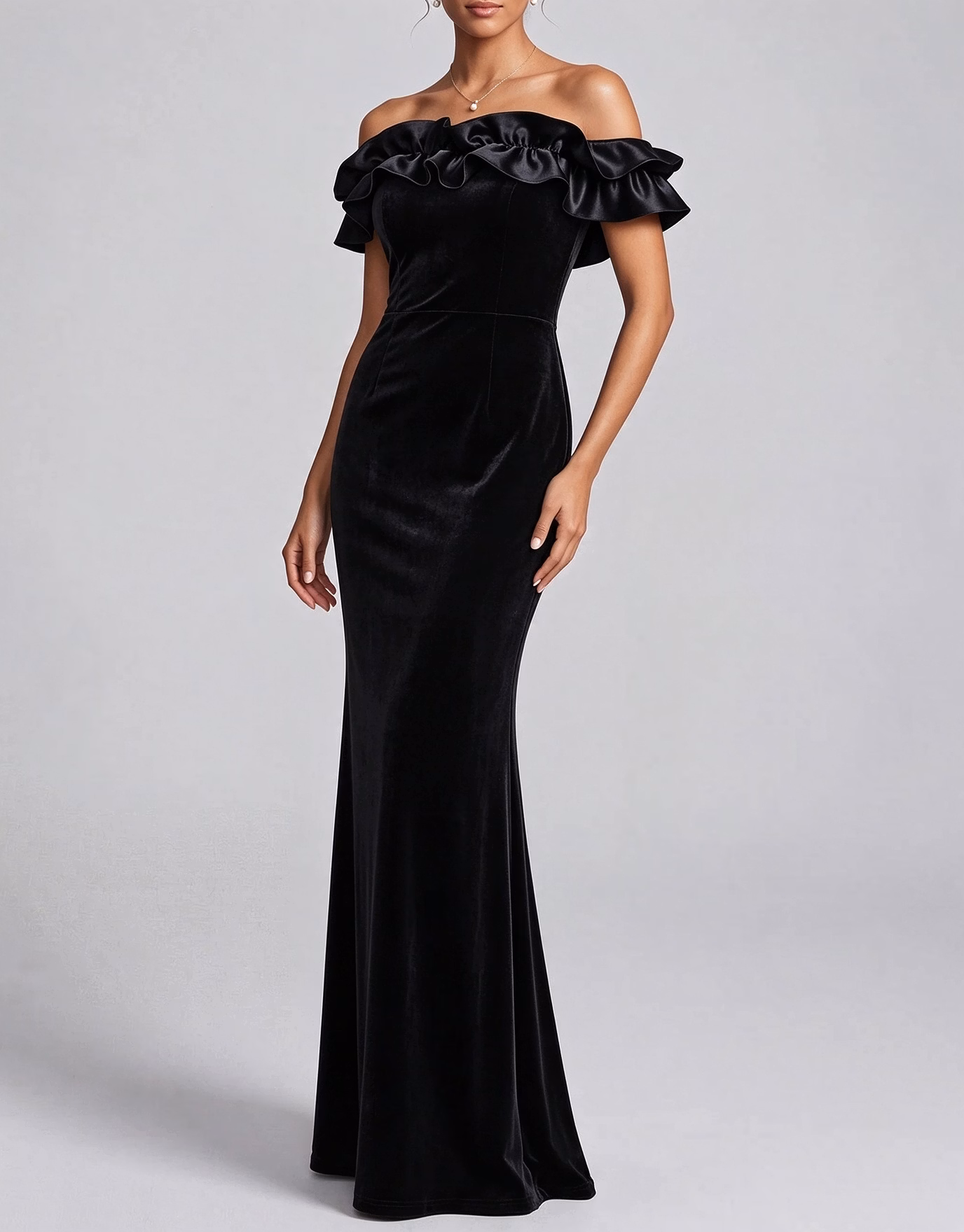 Off Shoulder Ruffled Velvet Mermaid Evening Maxi Dress