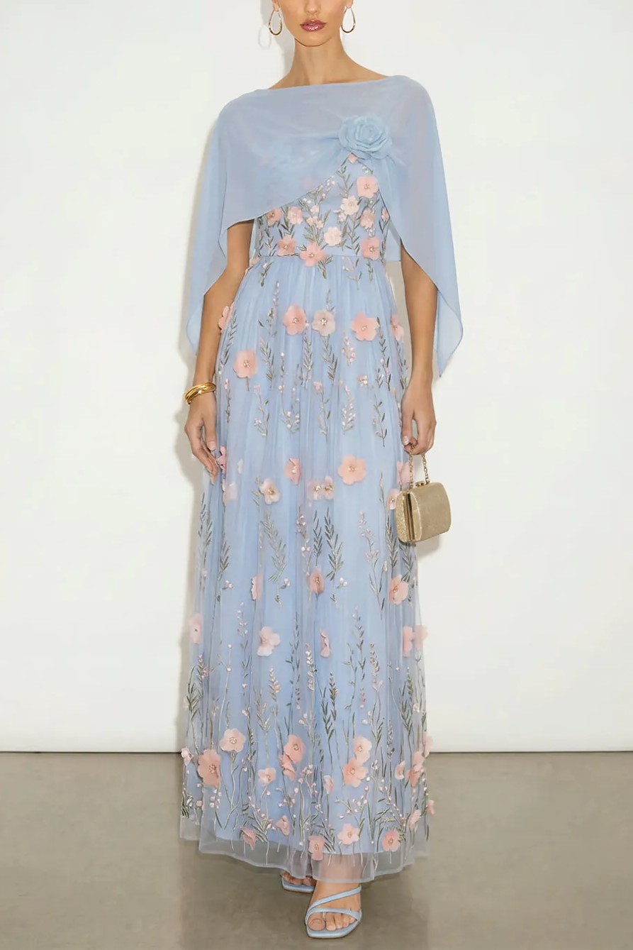 Light Blue Floral Long A-Line Wedding Guest Dress with Cape