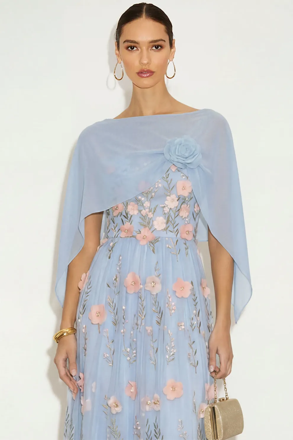 Light Blue Floral Long A-Line Wedding Guest Dress with Cape