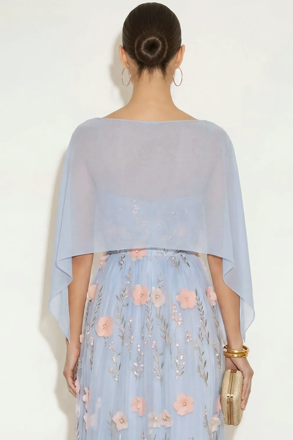 Light Blue Floral Long A-Line Wedding Guest Dress with Cape