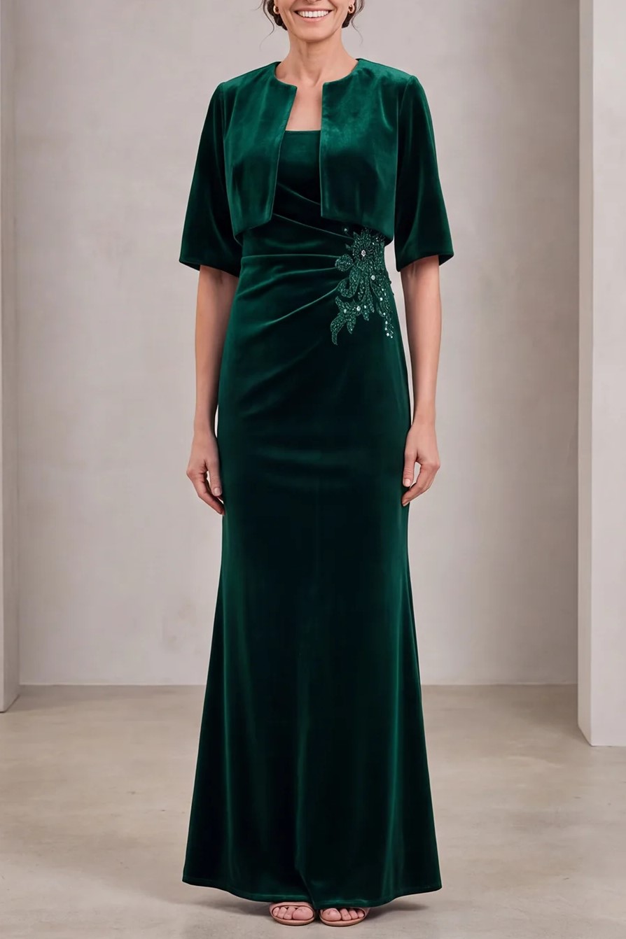 Mermaid Dark Green Velvet Long Mother Of The Bride Dress with Half Sleeves