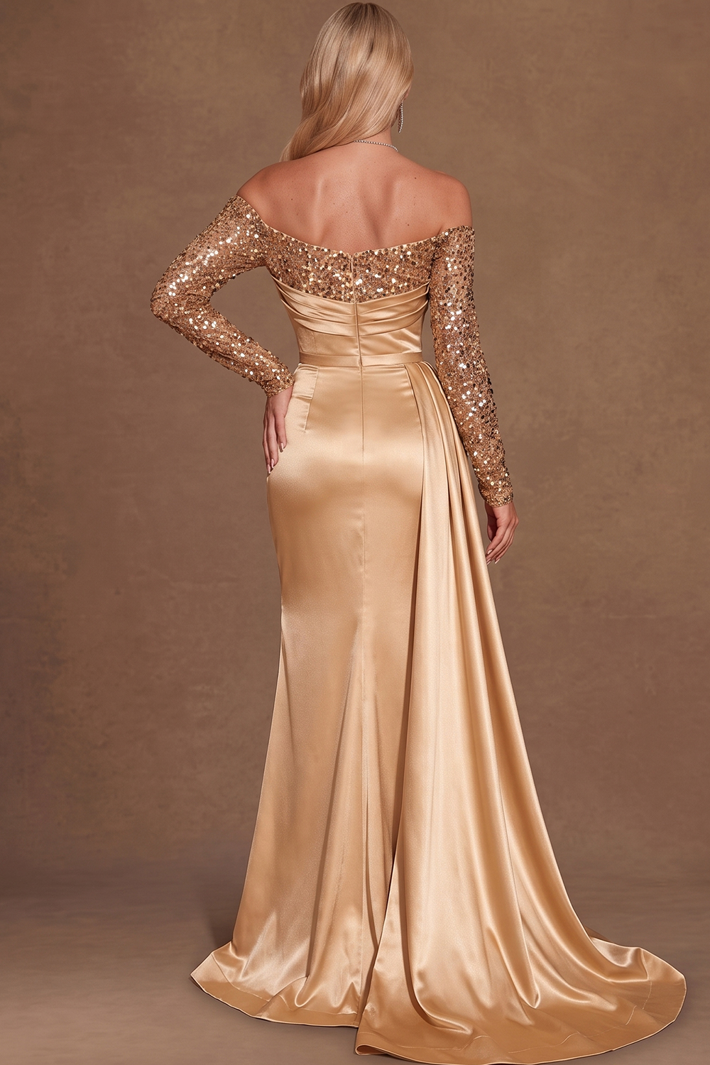 Off The Shoulder Sequin Long Sleeve Gold Christmas Formal Wear Satin Mermaid Gown