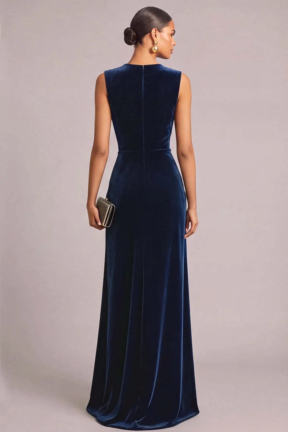 Navy Velvet A-Line V-Neck Ruched Maxi Wedding Guest Dress