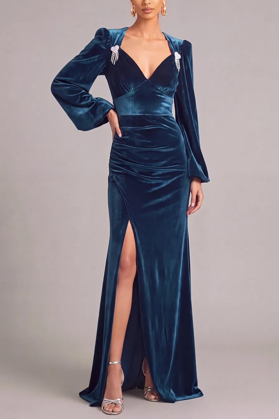 Navy Velvet Mermaid V-Neck Ruched Long Formal Dress with Slit