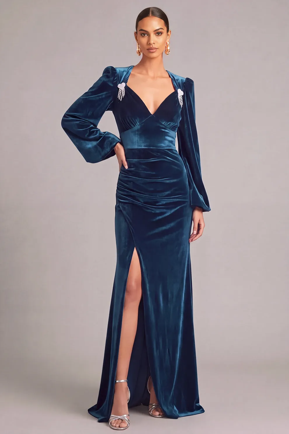 Navy Velvet Mermaid V-Neck Ruched Long Formal Dress with Slit