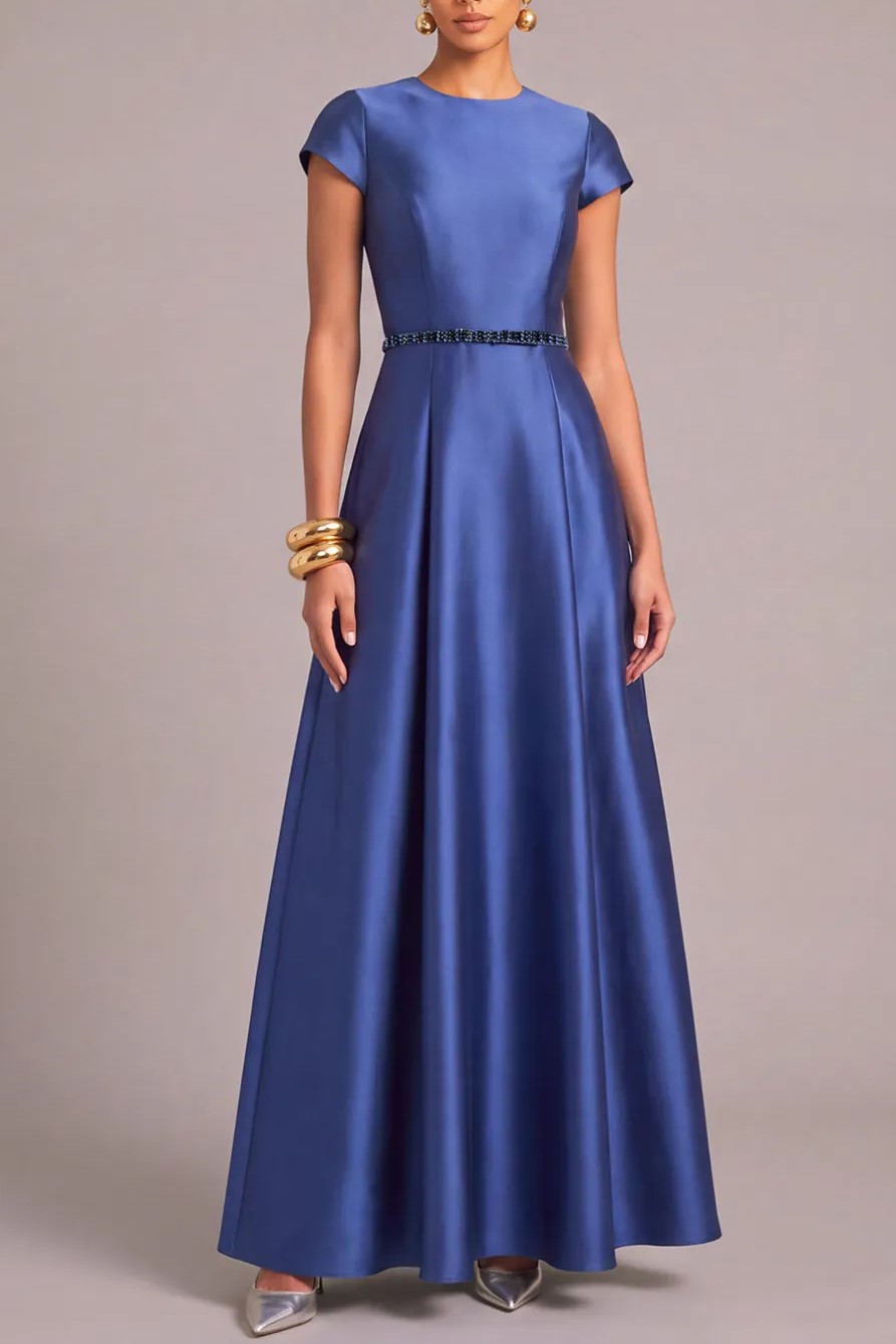Royal Blue A-Line Round Neck Cap Sleeves Maxi Formal Dress with Belt