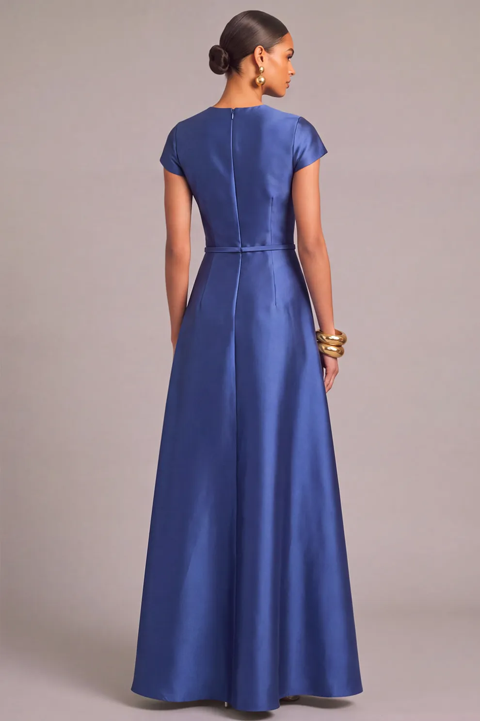 Royal Blue A-Line Round Neck Cap Sleeves Maxi Formal Dress with Belt