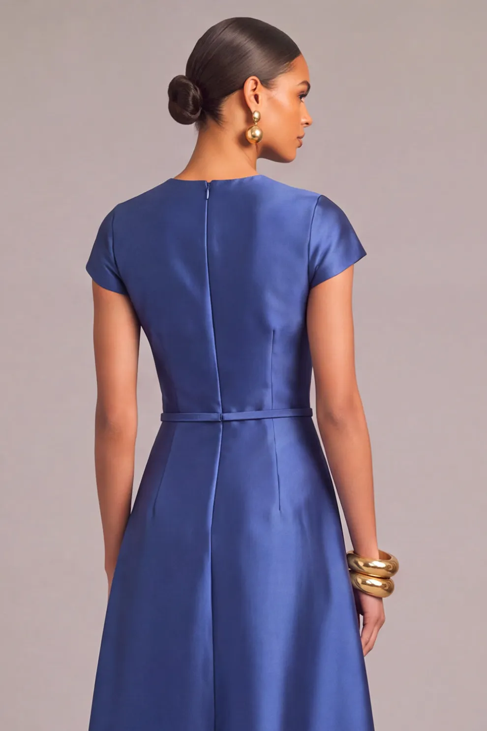 Royal Blue A-Line Round Neck Cap Sleeves Maxi Formal Dress with Belt