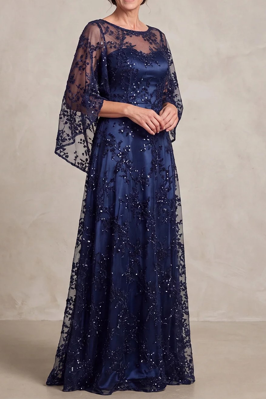 Sequins Floral Cape Sleeve A-Line Navy Long Mother Of The Bride Dress
