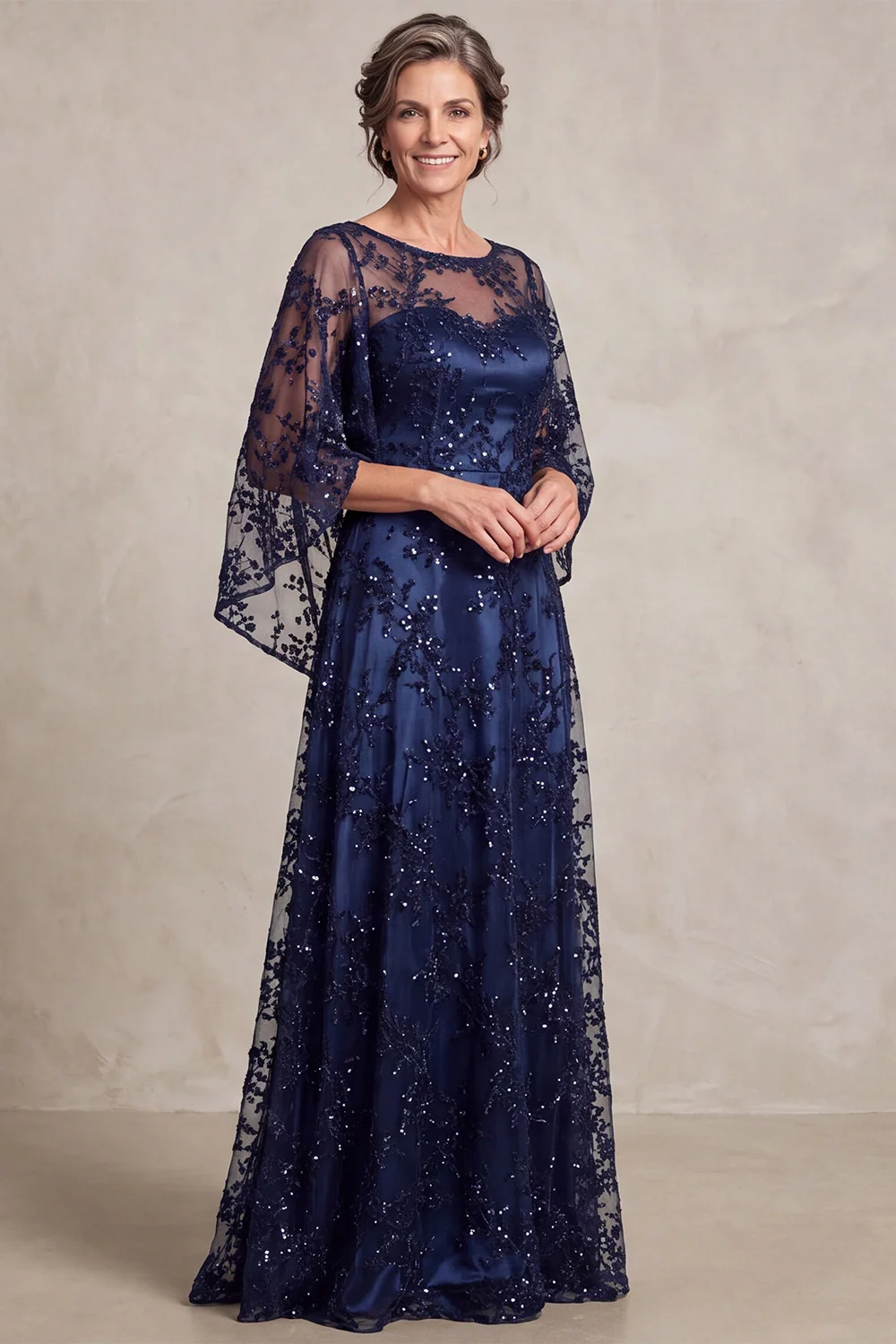 Sequins Floral Cape Sleeve A-Line Navy Long Mother Of The Bride Dress