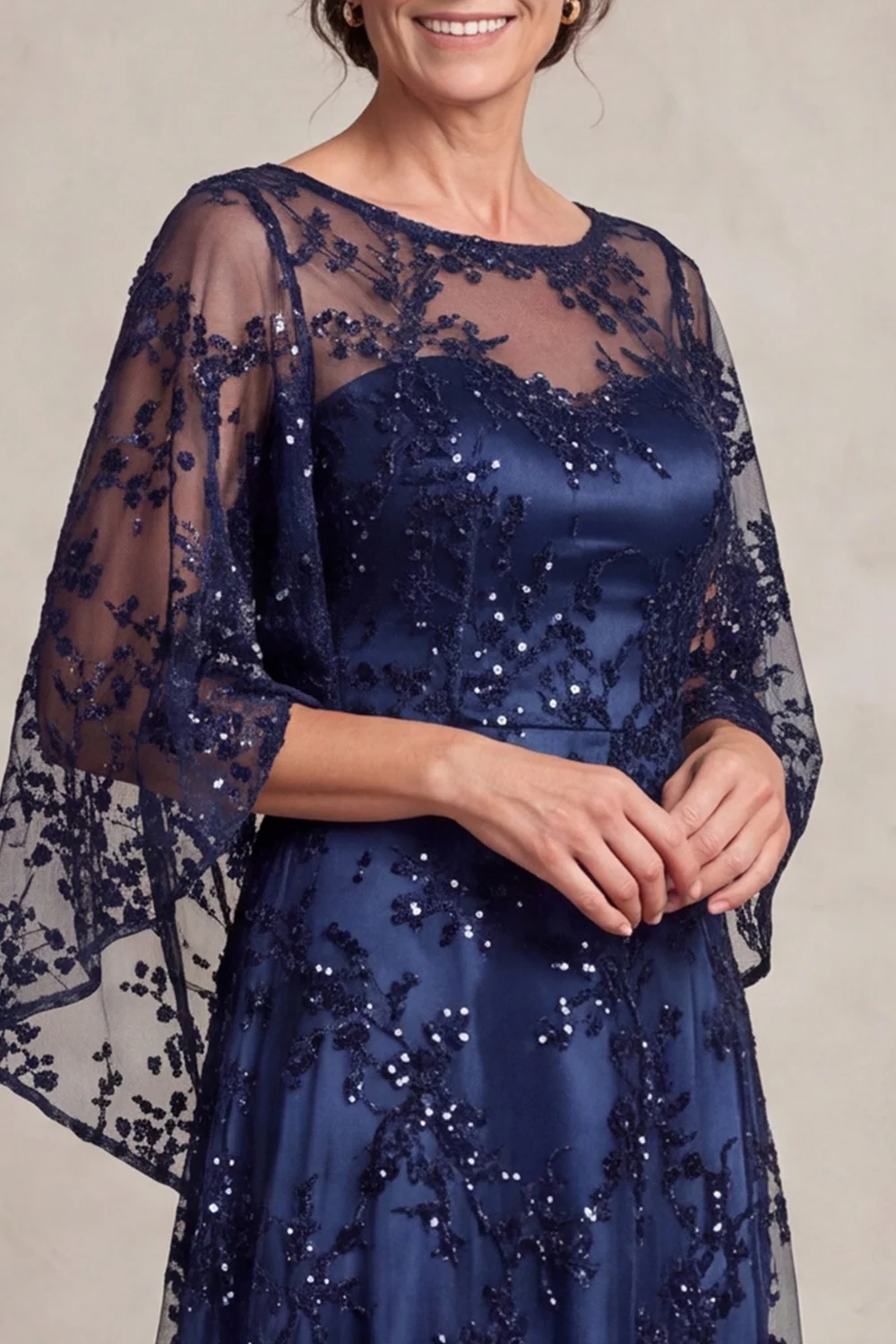 Sequins Floral Cape Sleeve A-Line Navy Long Mother Of The Bride Dress