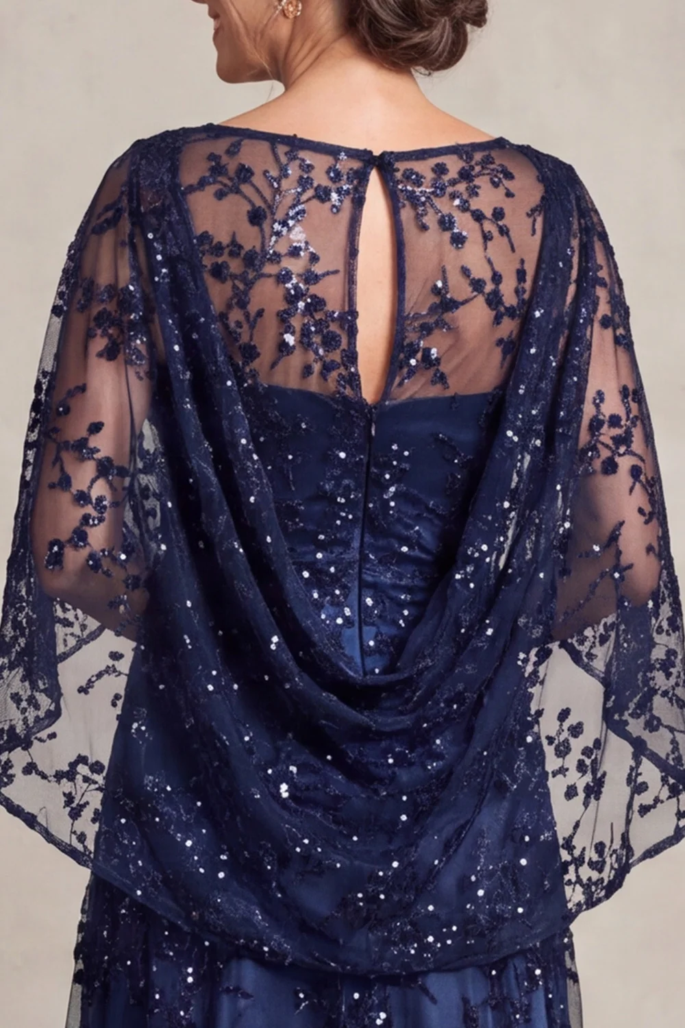 Sequins Floral Cape Sleeve A-Line Navy Long Mother Of The Bride Dress