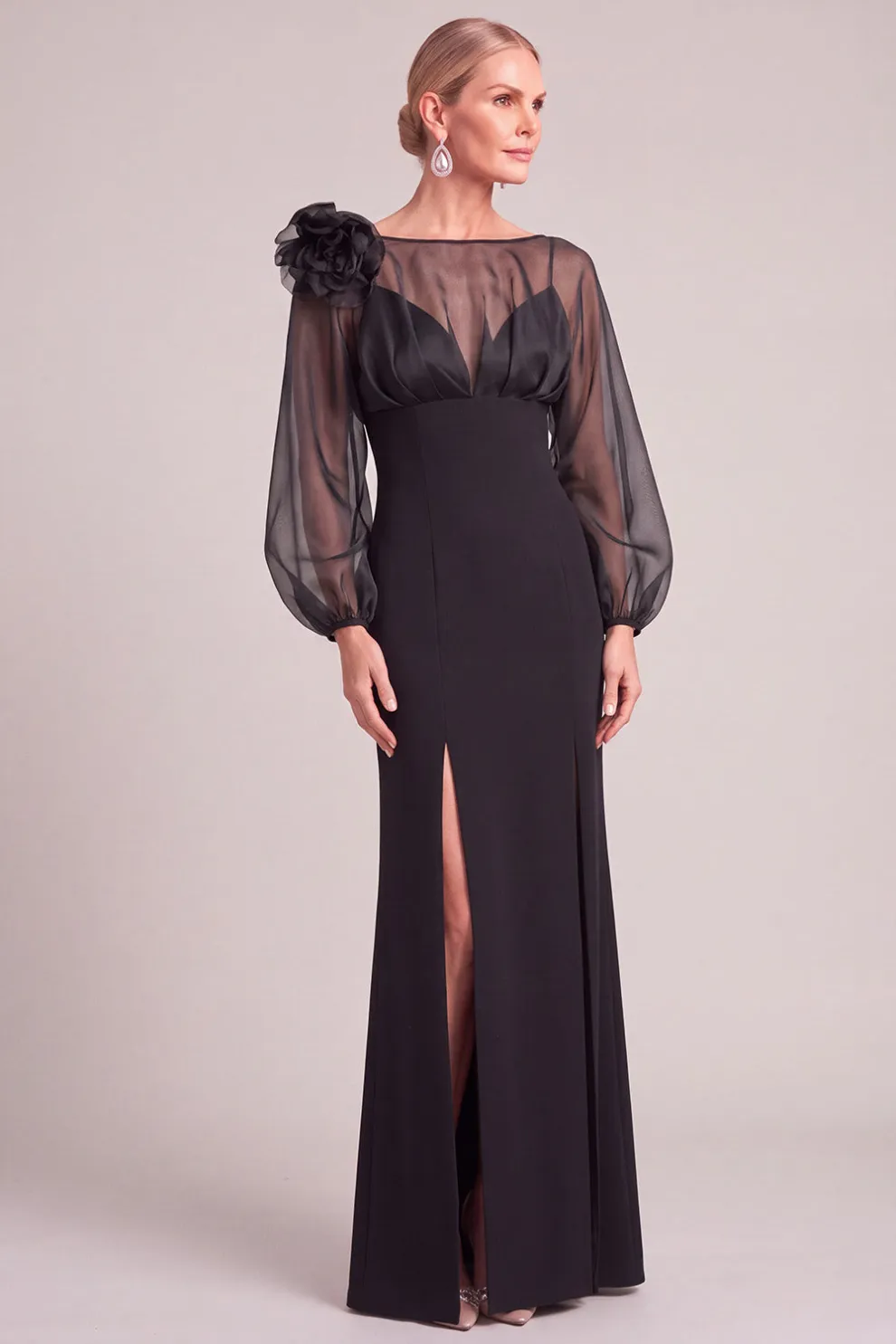 Black Mermaid Puff Sleeves Long Mother of the Bride Dress with 3D Flower