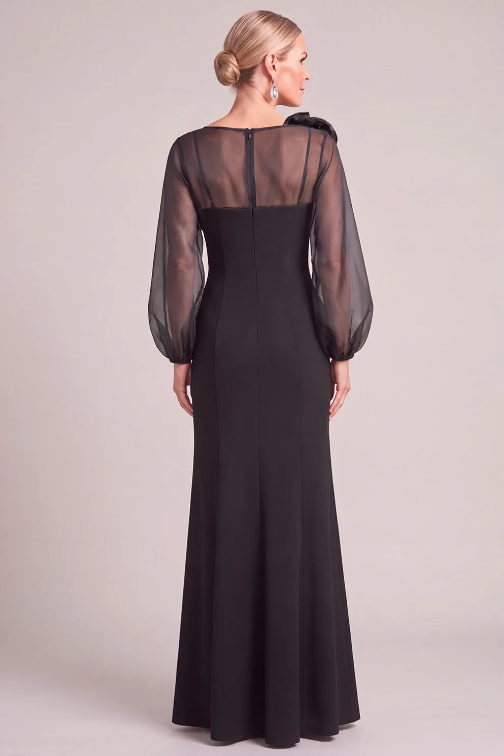 Black Mermaid Puff Sleeves Long Mother of the Bride Dress with 3D Flower