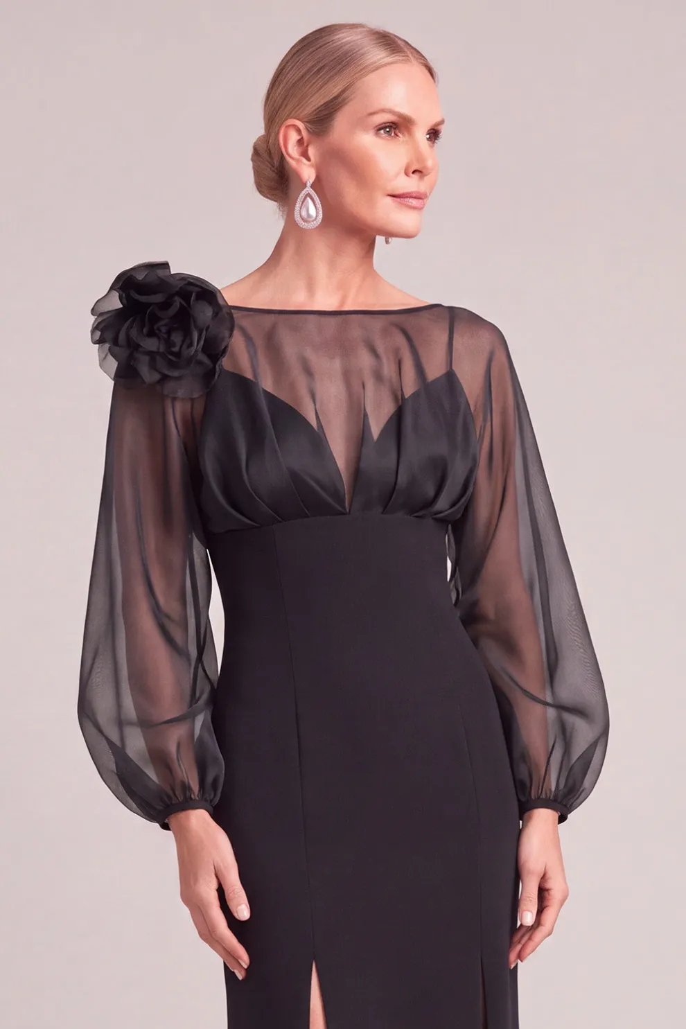 Black Mermaid Puff Sleeves Long Mother of the Bride Dress with 3D Flower