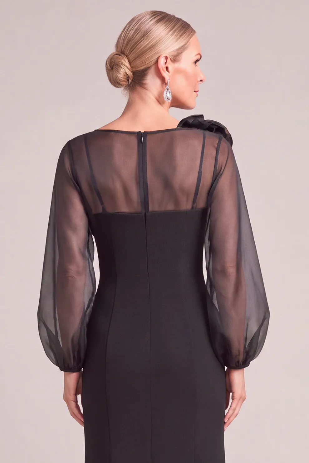 Black Mermaid Puff Sleeves Long Mother of the Bride Dress with 3D Flower