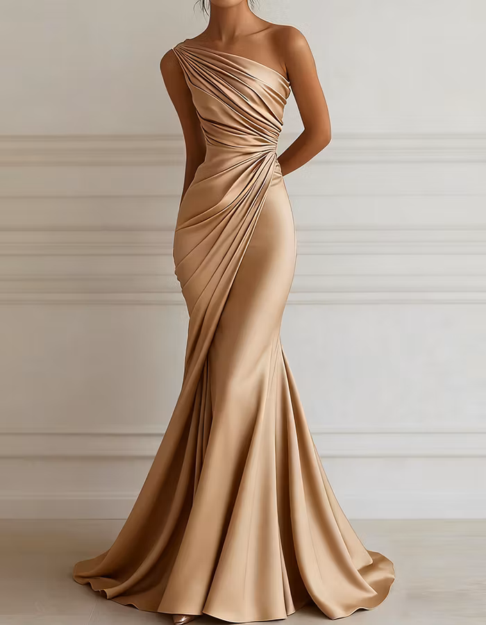 One-shoulder Stretch Satin Pleats Maxi Dress