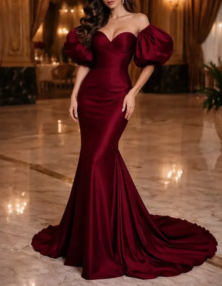 Off The Shoulder Satin Sweetheart Puff Short Sleeve Mermaid Evening Maxi Dress