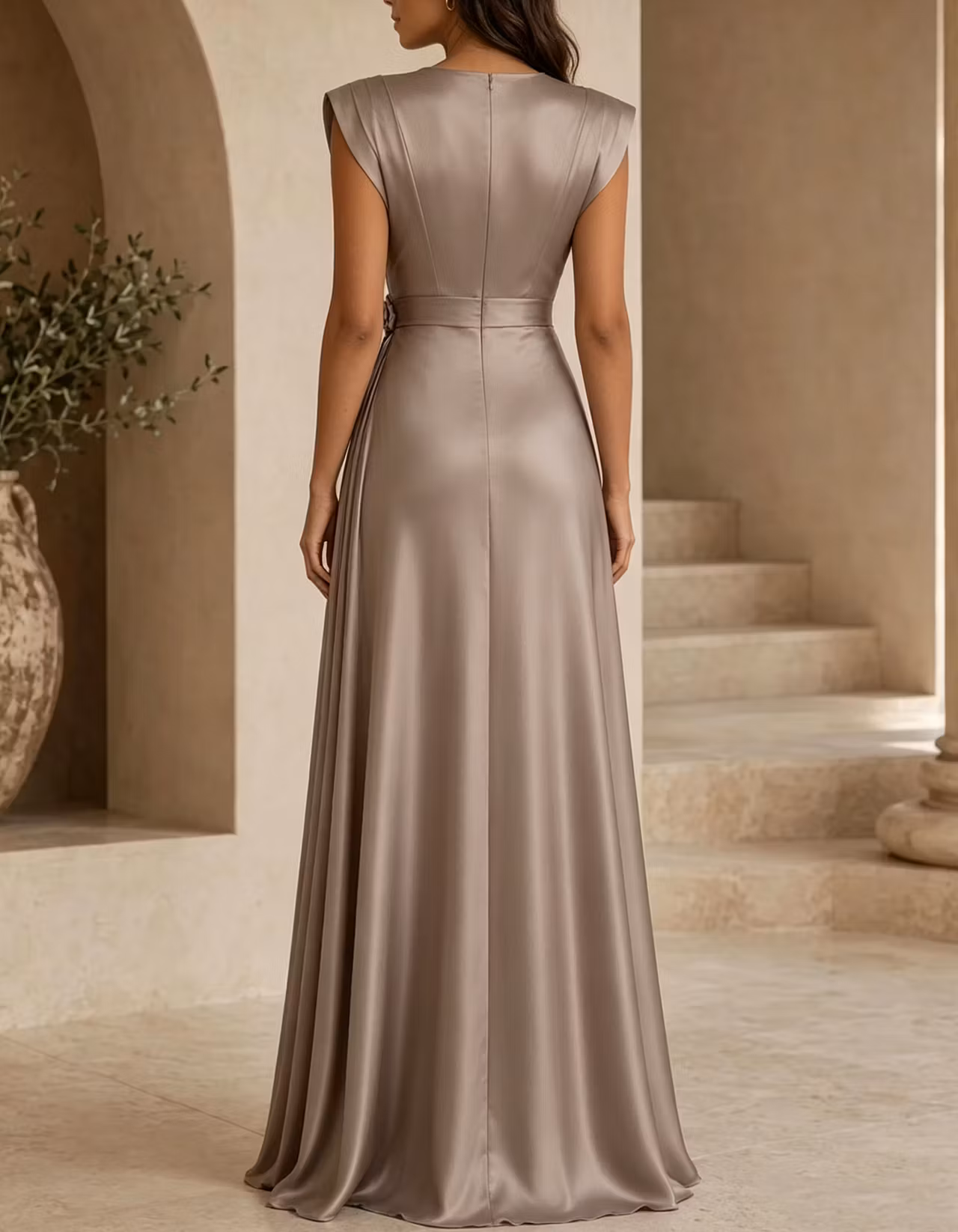 Taupe Pleated Satin Deep V Neck 3D Rose Maxi Dress