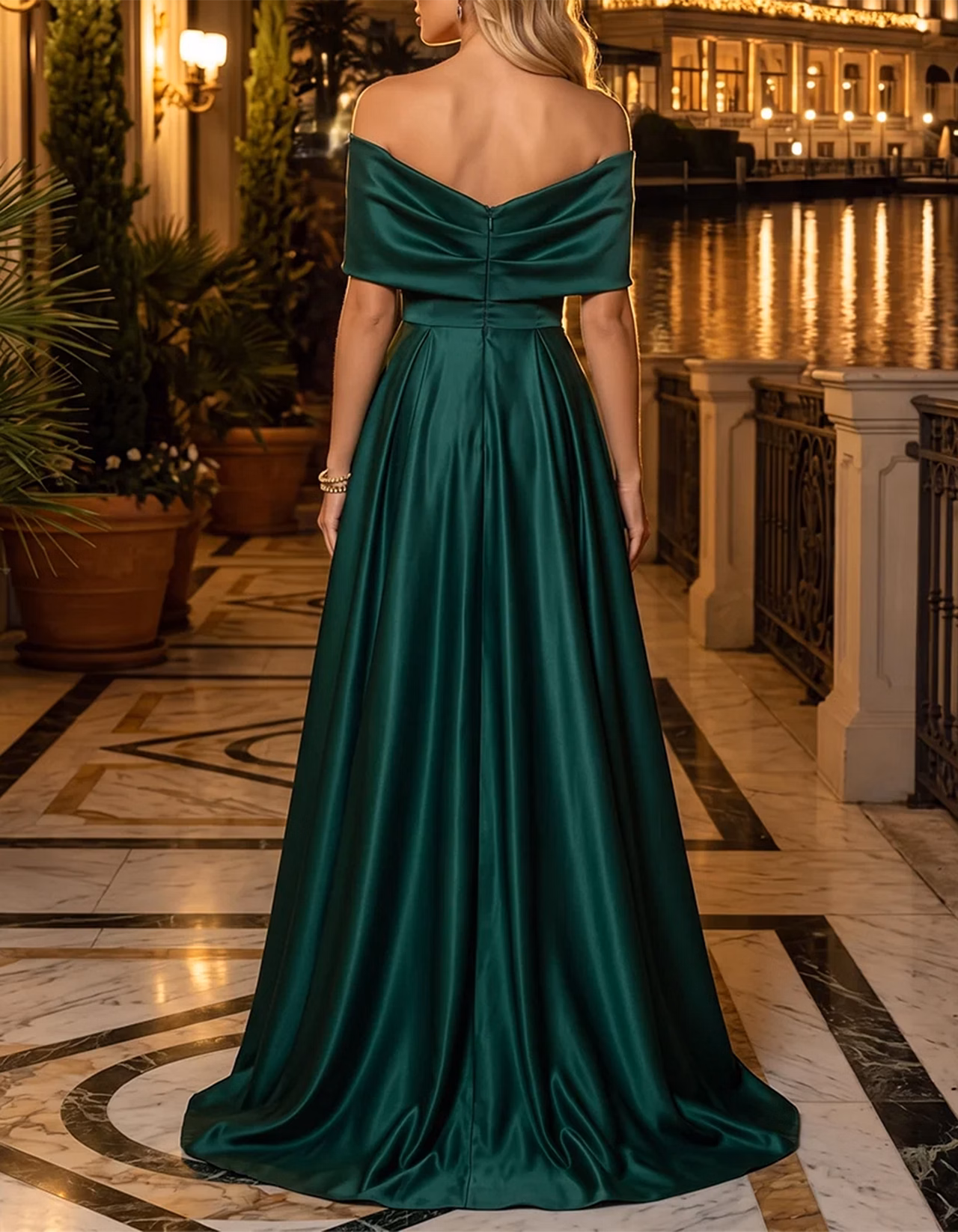 Green Off-the-Shoulder Oversized Bow Satin A-Line Maxi Dress